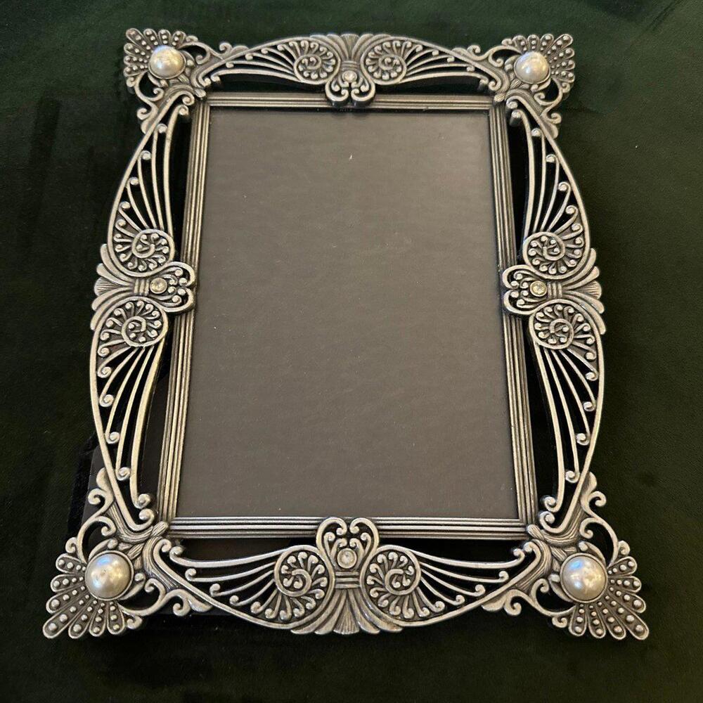 Vintage Metal Filigree Photo Frame With Faux Pearl Studs